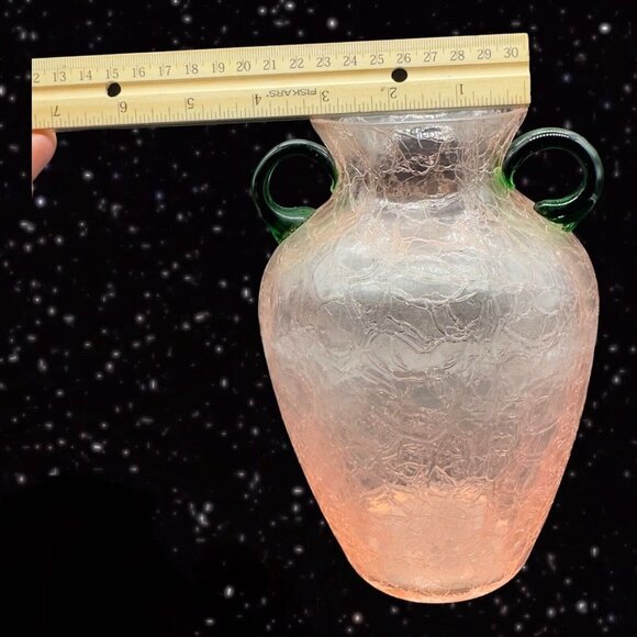 Pink Crackled Art Glass Vase with Applied Green Handles Textured Surface 8”T 3”W - Picture 13 of 13